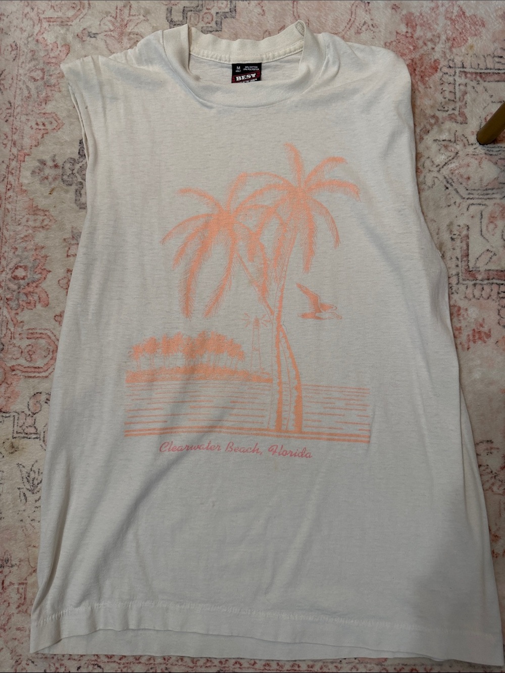 Clearwater Beach Palm Graphic Muscle Tee - White & Peach fruit of loom vintage